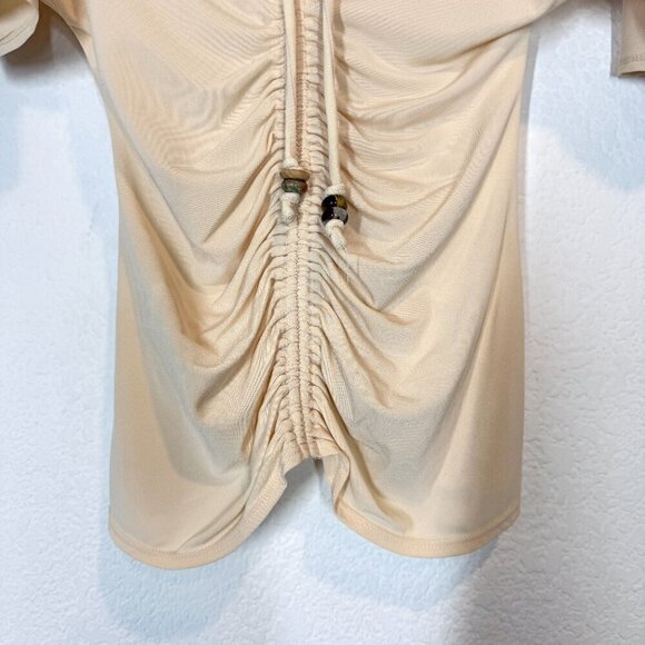 ALC Top Ruched Short Sleeve Beaded Detail Cream Retro Small - Picture 5 of 14